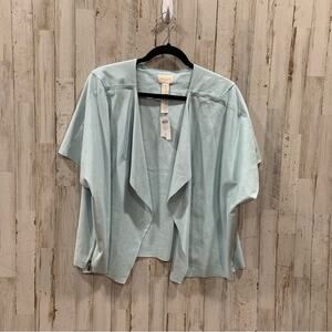 NWT Chicos Faux-Suede Light Blue Zip Detail Short Sleeve Open Jacket
